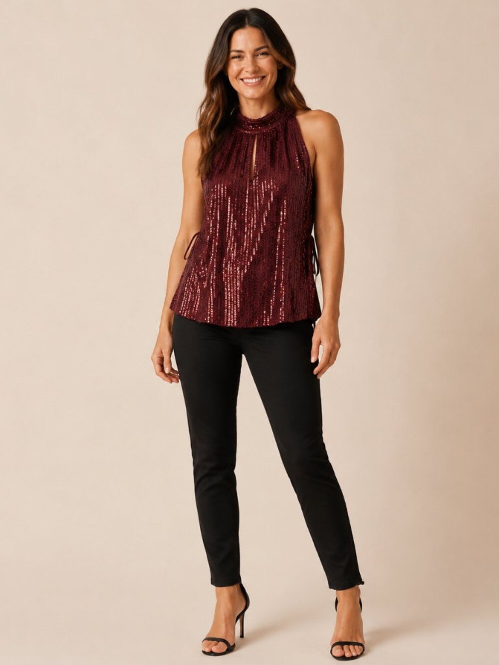 NWT Vince Camuto Burgundy Sequin Keyhole Halter Top S